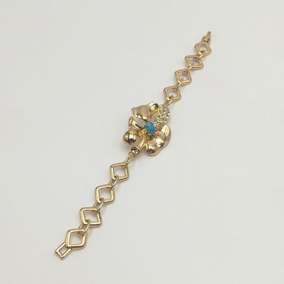 Funky Vintage Goldtone Rhinestone & Faux Turquoise Flower Bracelet - Picture 4 of 7